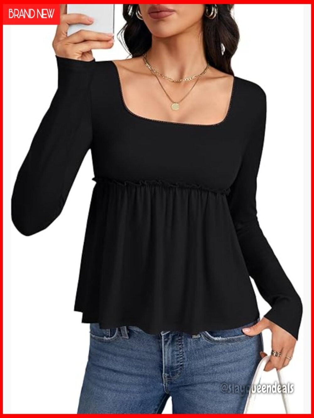 Long Sleeve Square Neck Peplum Blouse with Ruched Frill Details